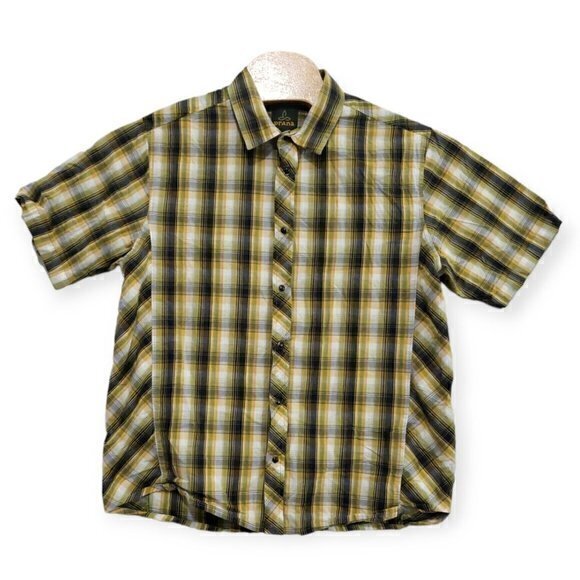 PrAna Mens Large‎ Yellow Plaid Pearl Snap Short Sleeve Shirt - Picture 2 of 6